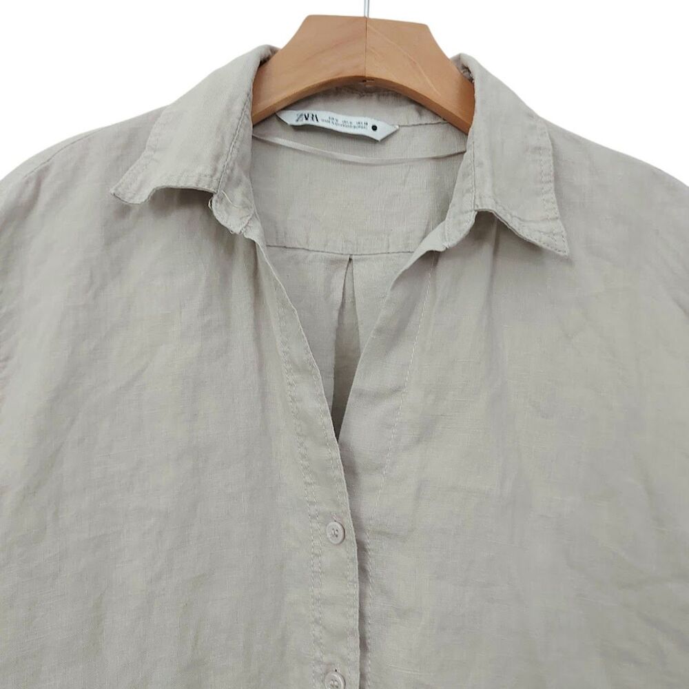 Zara Linen Shirt Womens Medium Beige Long Sleeve Button Up Boxy Coastal Boho - Picture 2 of 11